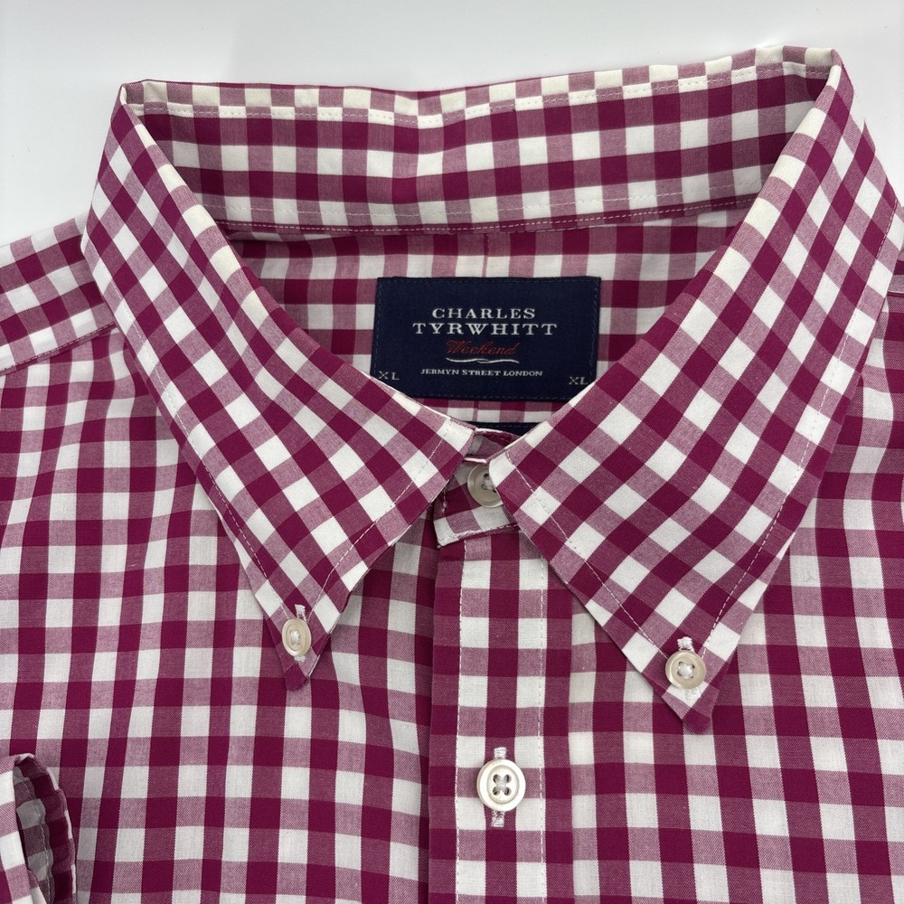 Charles Tyrwhitt Weekend Shirt Mens XL  Magenta White Check Classic Fit Non Iron - Picture 6 of 10